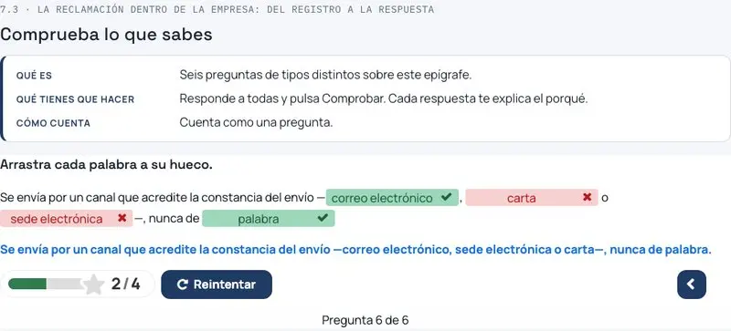 Pregunta de arrastrar palabras a los huecos, corregida al momento, con dos huecos bien y dos mal